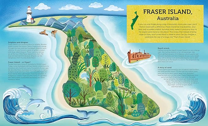 Illustrated map of Fraser Island, Australia with a lighthouse and scenic views.