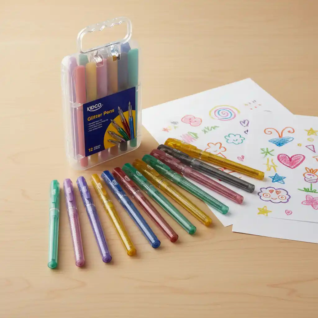 box of kidco glitter pens, with the pens laid out on a light wood table next to drawing paper.