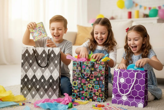 Three children excitedly opening gift bags filled with stationery in a living room.