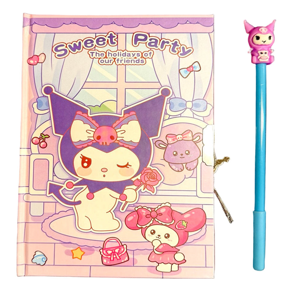 Illustrated notebook with cartoon characters and a pen on a light pink background