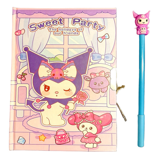 Illustrated notebook with cartoon characters and a pen on a light pink background