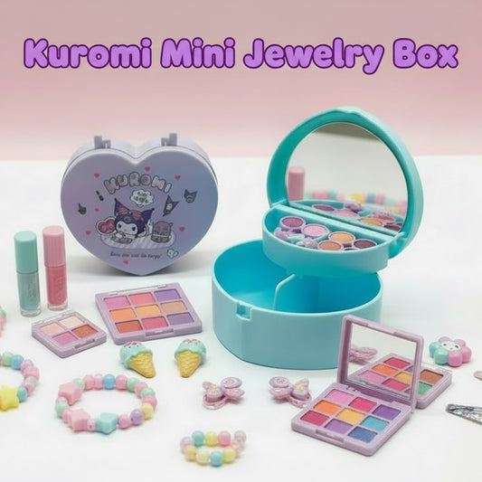 Kuromi mini jewelry box with makeup items on a white background