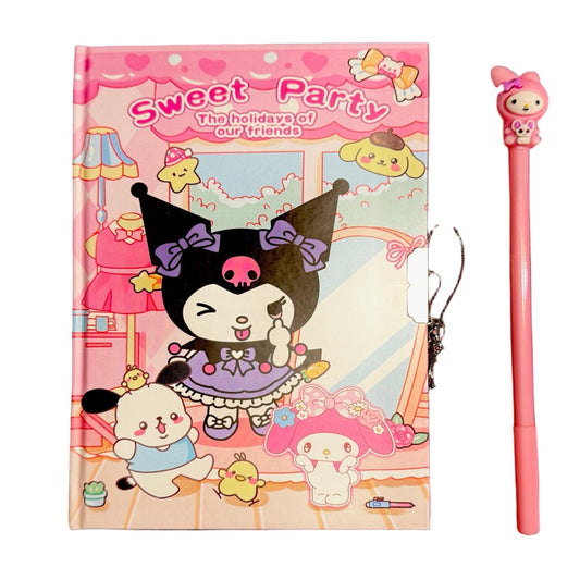 Notebook with a cute character design and a pink pen.