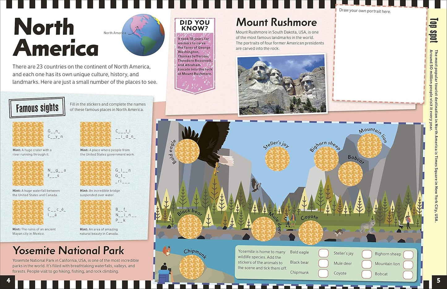 Educational material about North America with Mount Rushmore and Yosemite National Park illustrations.