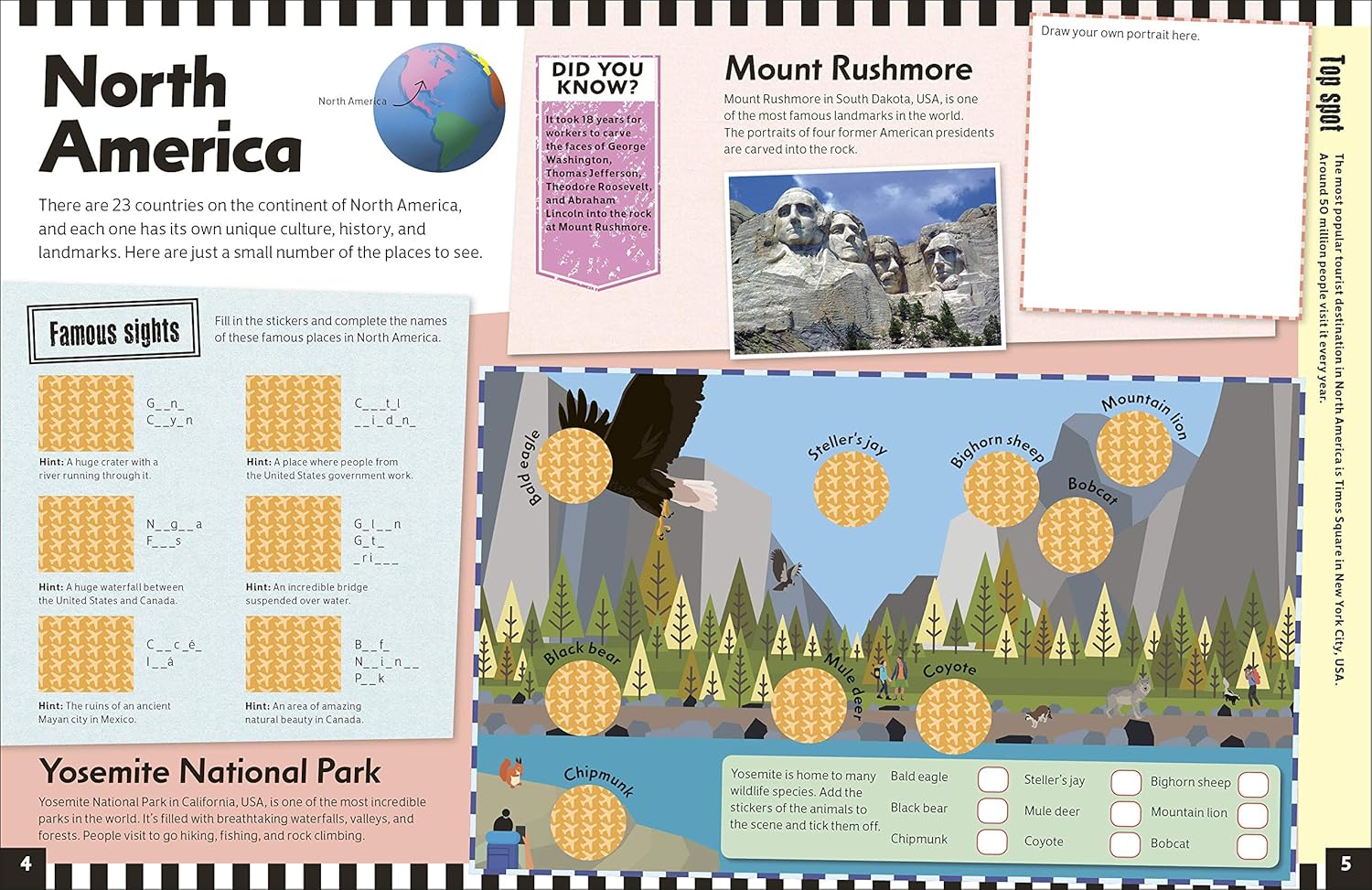 Educational material about North America with Mount Rushmore and Yosemite National Park illustrations.