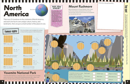 Educational material about North America with Mount Rushmore and Yosemite National Park illustrations.