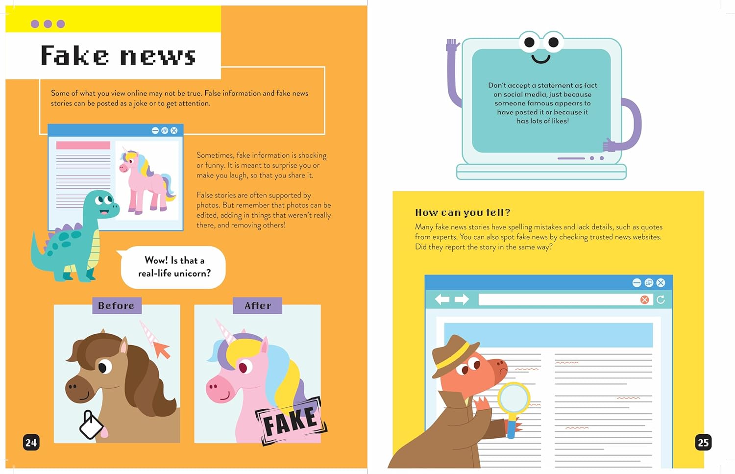 Educational book pages about fake news with colorful illustrations and text.