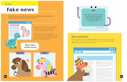 Educational book pages about fake news with colorful illustrations and text.