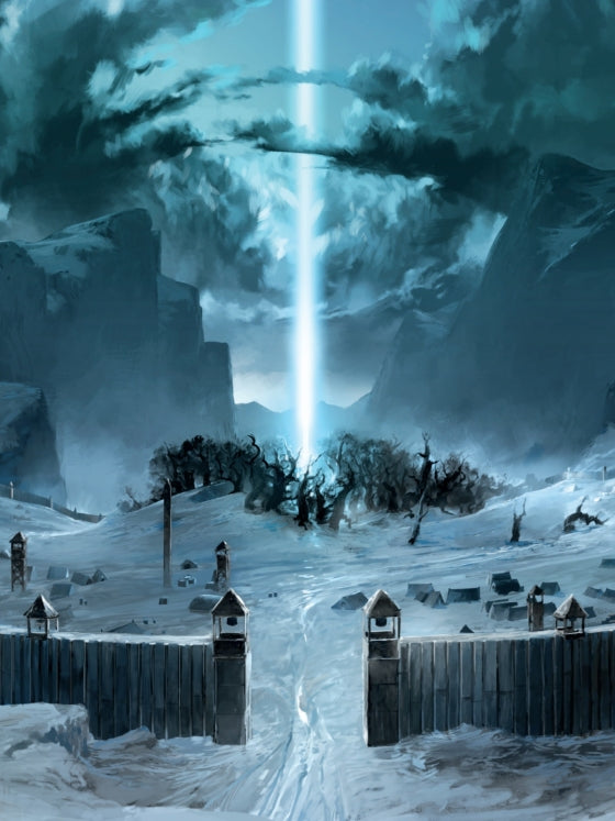 Frozen landscape with a bright light beam piercing through clouds