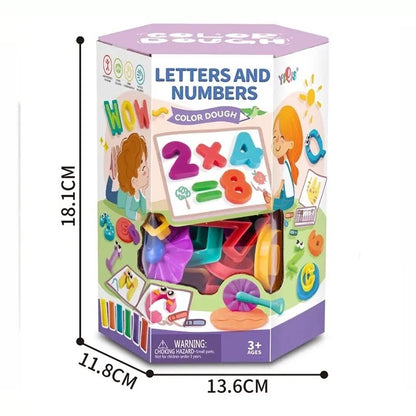 Colorful letter and number set packaging with dimensions on a white background