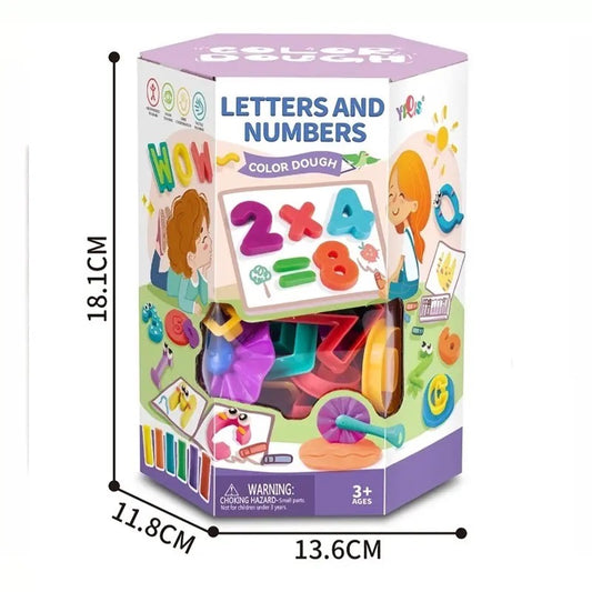 Colorful letter and number set packaging with dimensions on a white background