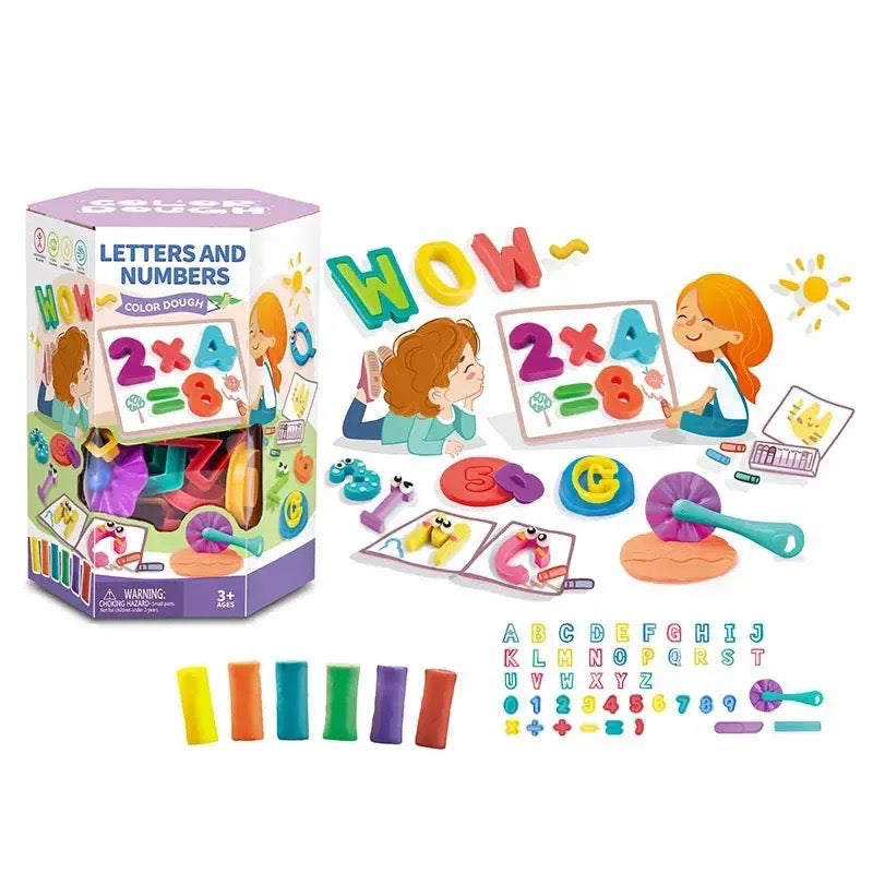Colorful educational toy set with letters and numbers, including packaging and components on a white background.