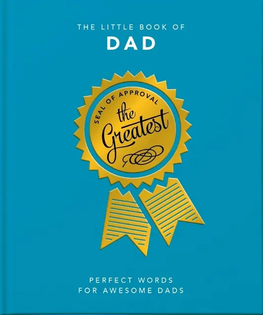 Book cover of 'The Little Book of Dad' with a gold ribbon and text on a blue background