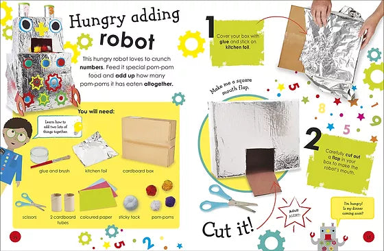 Children's craft activity sheet with robot design and instructions.