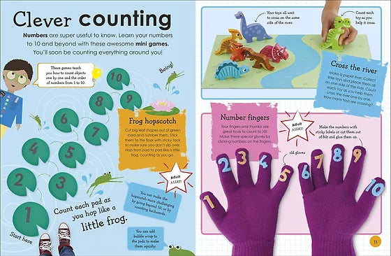Educational children's book page with number games and activities.
