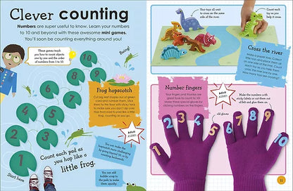 Educational children's book page with number games and activities.