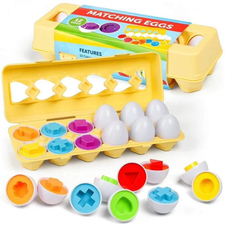 Colorful matching eggs educational toy set with packaging on a white background