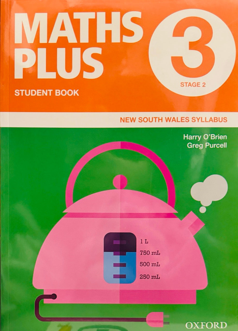 Maths Plus Student Book 3 Stage 2 for New South Wales Syllabus with a pink teapot illustration on a green background.