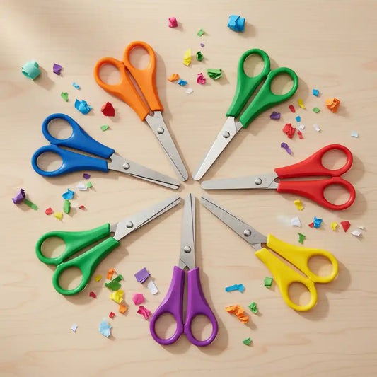 colorful scissors placed in a circle with scraps of paper on a light wood table