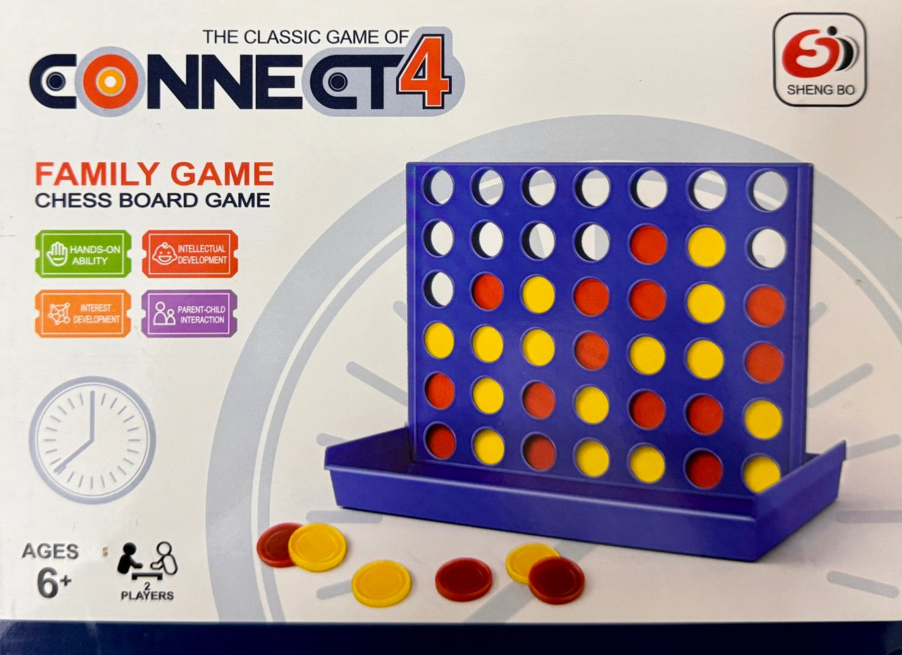 Connect 4 game box with colorful discs on a white background