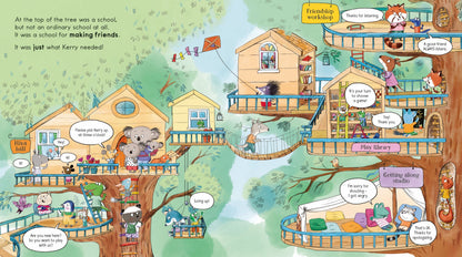 Illustrated scene of a treehouse community with various activities and interactions.