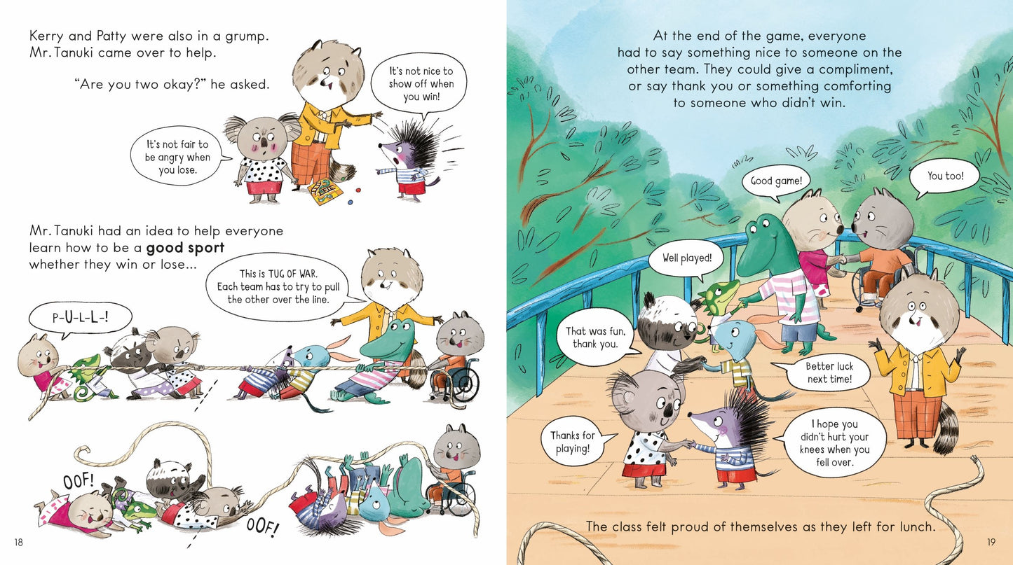 Illustrated book page with cartoon animals in a classroom setting, showing dialogue bubbles.