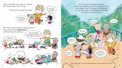 Illustrated book page with cartoon animals in a classroom setting, showing dialogue bubbles.