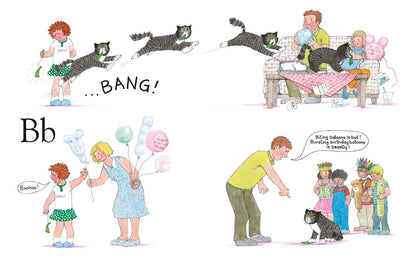 Illustrations of children and a cat with text and objects labeled 'BANG!' and 'Bb'.