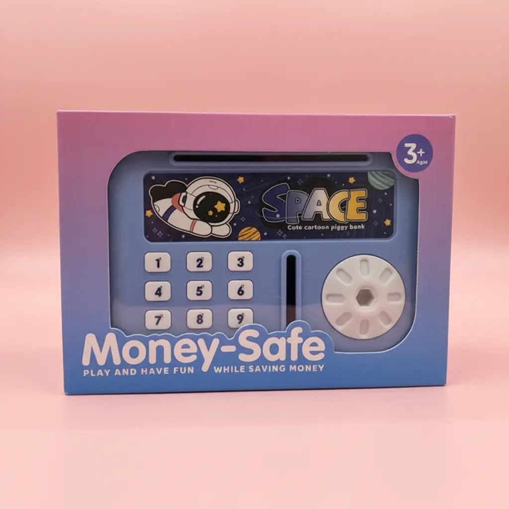 Box of a toy money-safe with space theme on a pink background