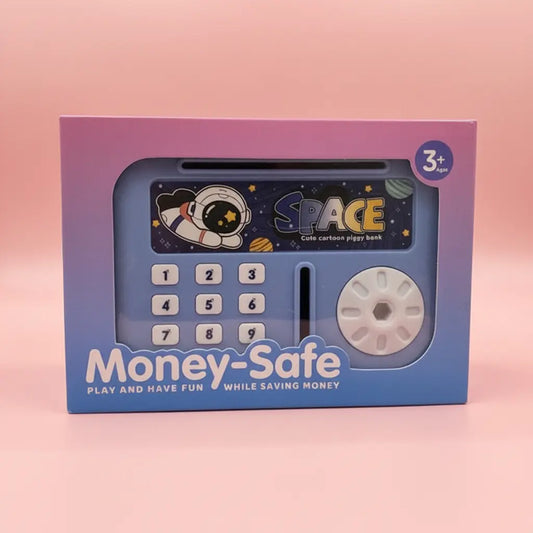 Box of a toy money-safe with space theme on a pink background