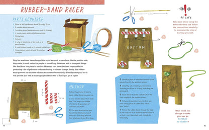 Illustrated instructions for a rubber band racer project with text and diagrams.