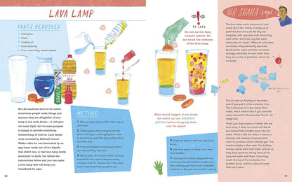 Instructions for making a lava lamp with colorful illustrations and text.