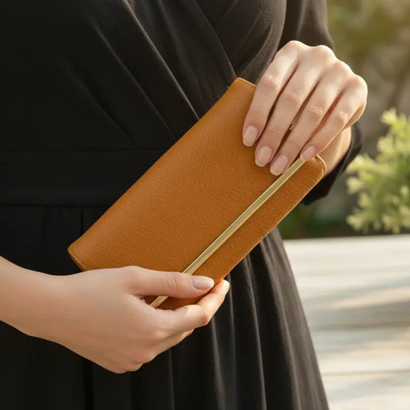 Person holding a brown leather clutch with a blurred natural background