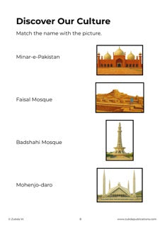 A printed educational worksheet titled 'Discover Our Culture' with text matching names to pictures: Minar-e-Pakistan, Faisal Mosque, Badshahi Mosque, and Mohenjo-daro.