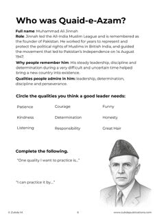 A black-and-white worksheet page titled 'Who was Qaid-e-Azam?' with text about Muhammad and a small portrait photo of him at the bottom right.