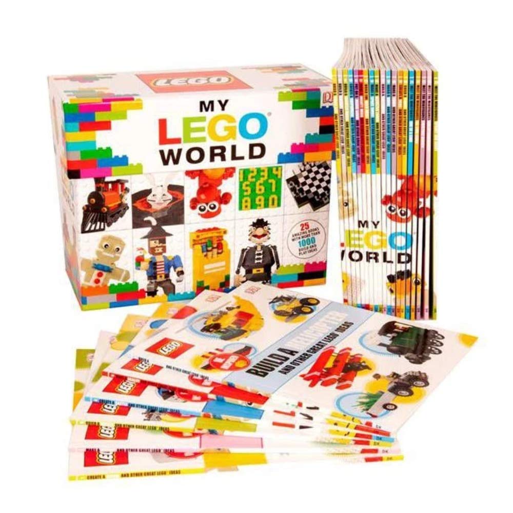Set of 'My LEGO World' books with colorful covers on a white background