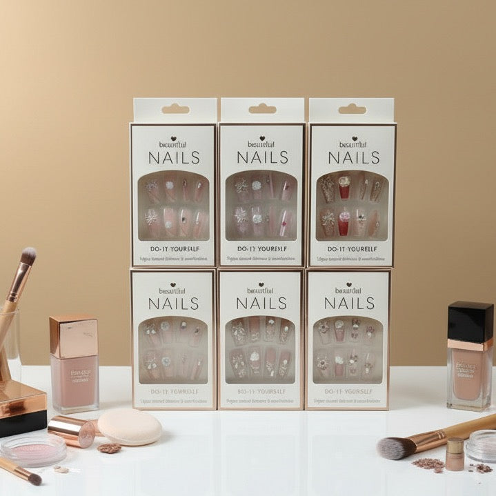 Set of 'beautiful Nails' nail art kits on a beige background with makeup items.