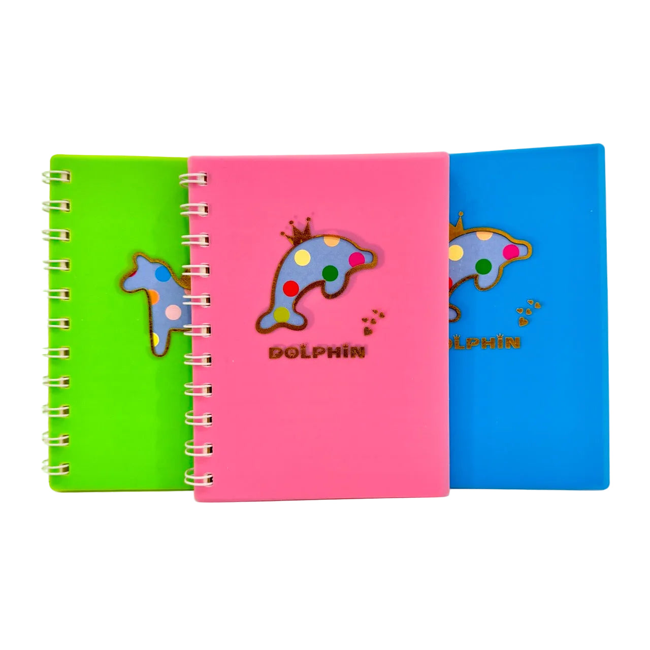 Three colorful notebooks with dolphin designs on a white background