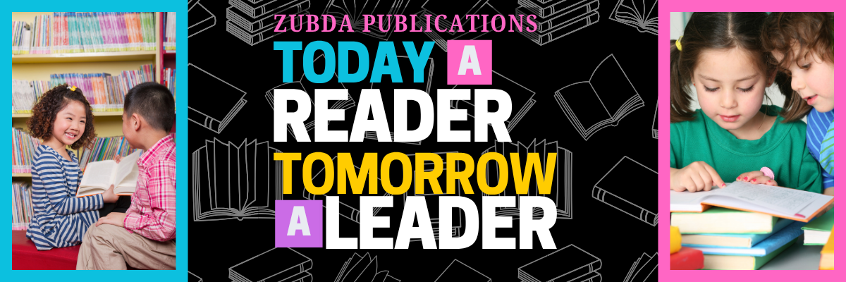 Promotional banner for Zubba Publications with children reading books and text 'Today a Reader, Tomorrow a Leader'.