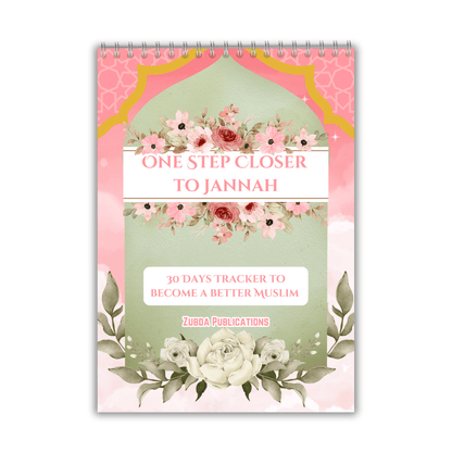 Floral design tracker book titled 'One Step Closer to Jannah' on a white background