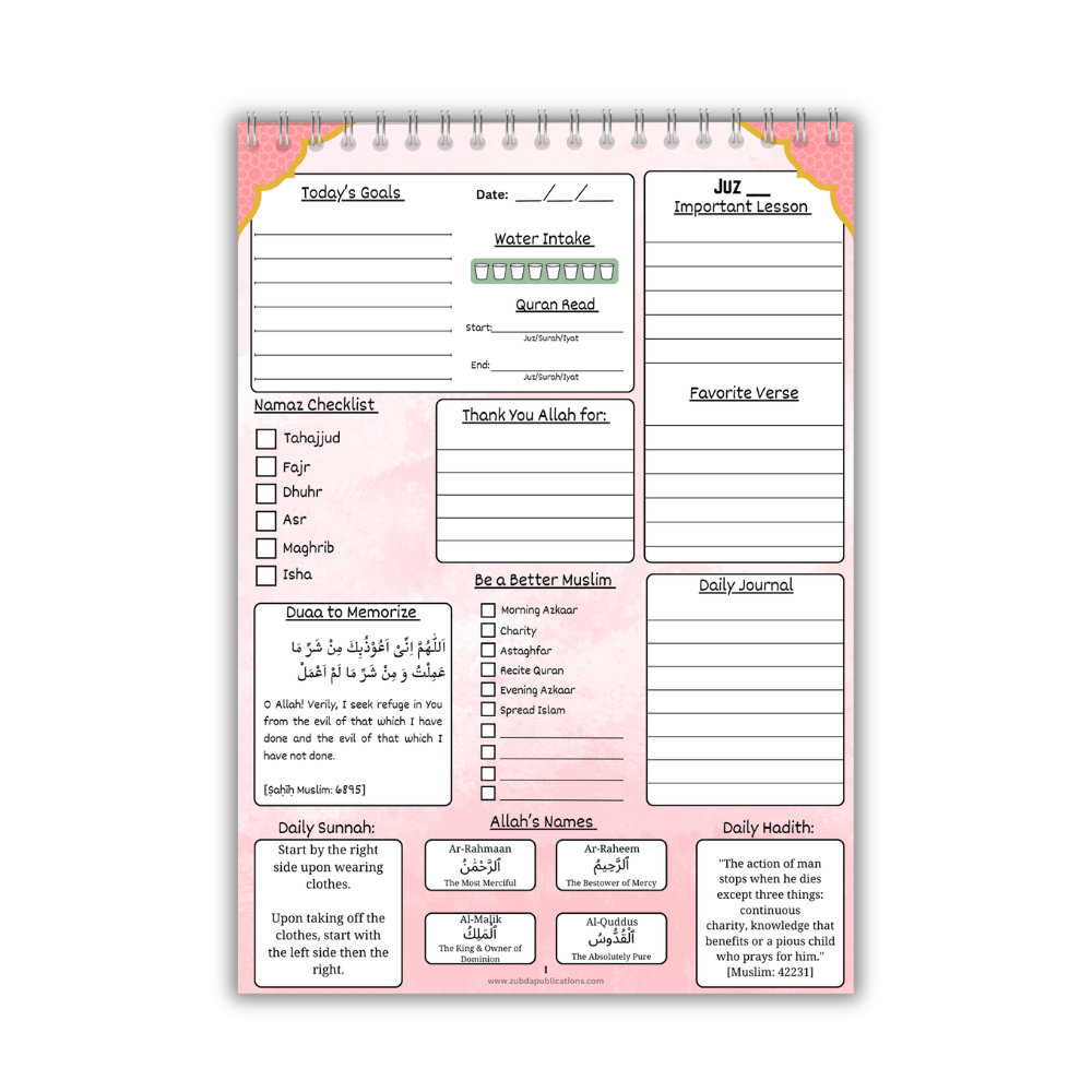 Planner with daily religious tasks and goals on a white background