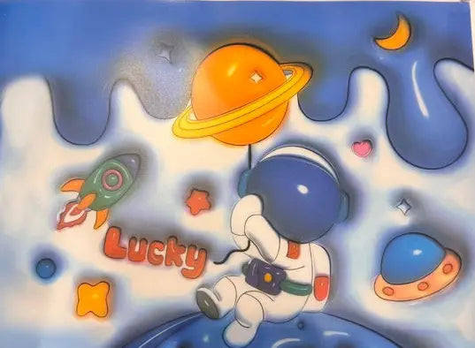 Cartoon astronaut on a space-themed background with planets and stars.