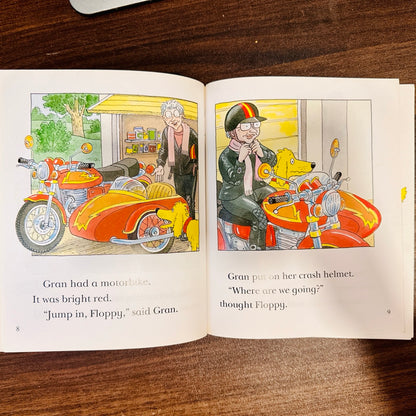 illustrations showing a grandma taking the dog on her motorcycle