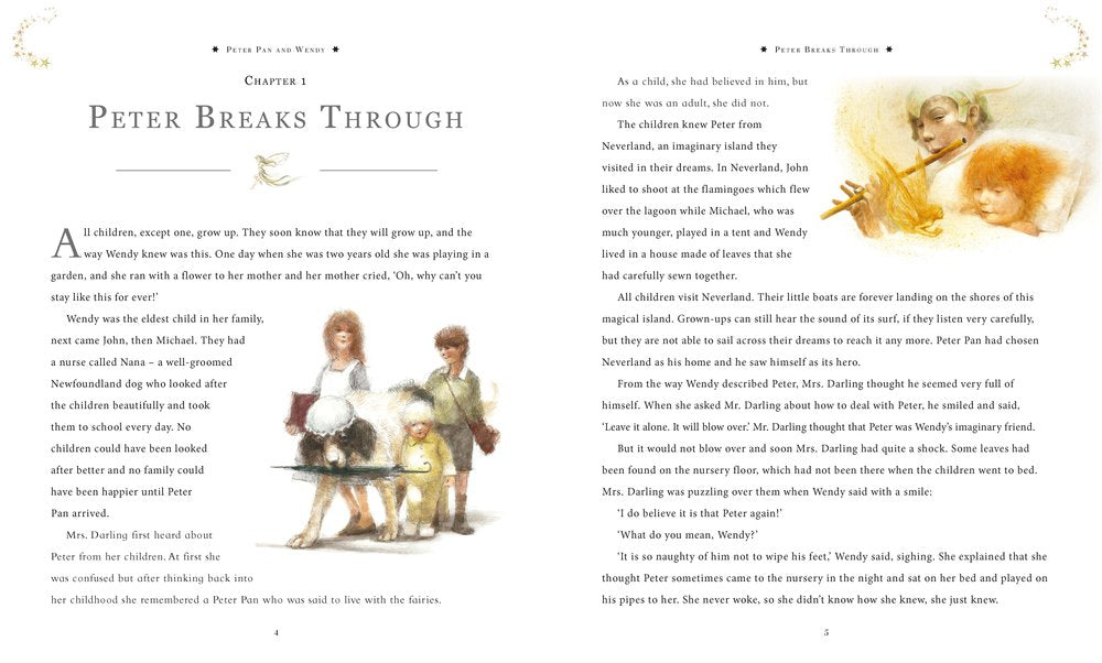 Book page with text and illustrations of children and a cat.