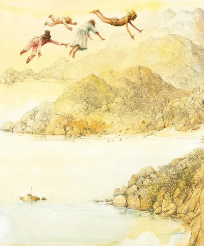 Artistic depiction of people flying over a coastal landscape with mountains and water.