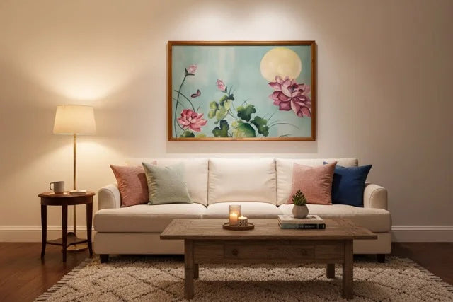 A framed wall art print featuring pink lotus flowers and green leaves under a pale yellow moon on a light blue background, displayed above a cream sofa in a warmly lit living room.