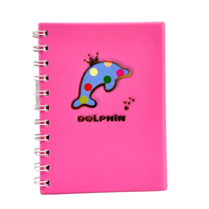 Pink notebook with a colorful dolphin design on a white background