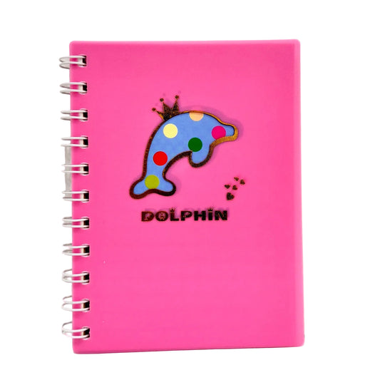 Pink notebook with a colorful dolphin design on a white background