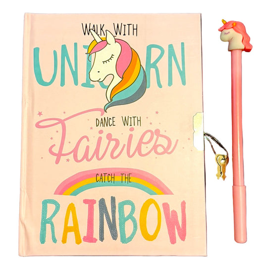 Notebook with unicorn and rainbow design and a pink pen on a pink background