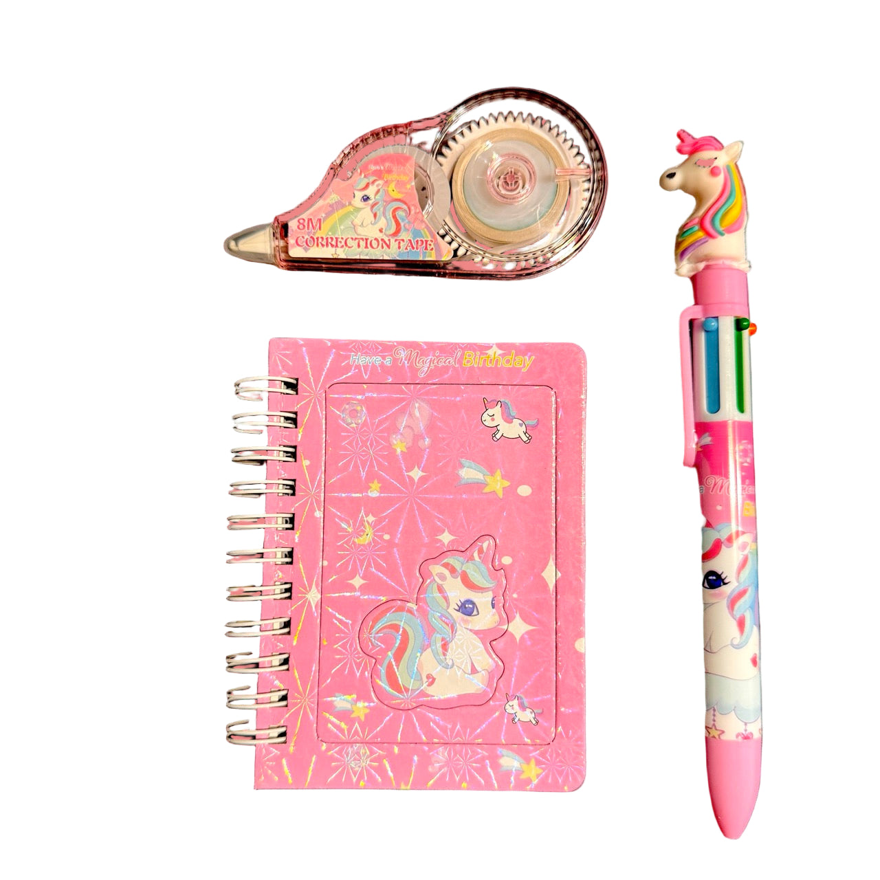 Pink stationery set with a notebook, correction tape, and pen featuring unicorn designs.